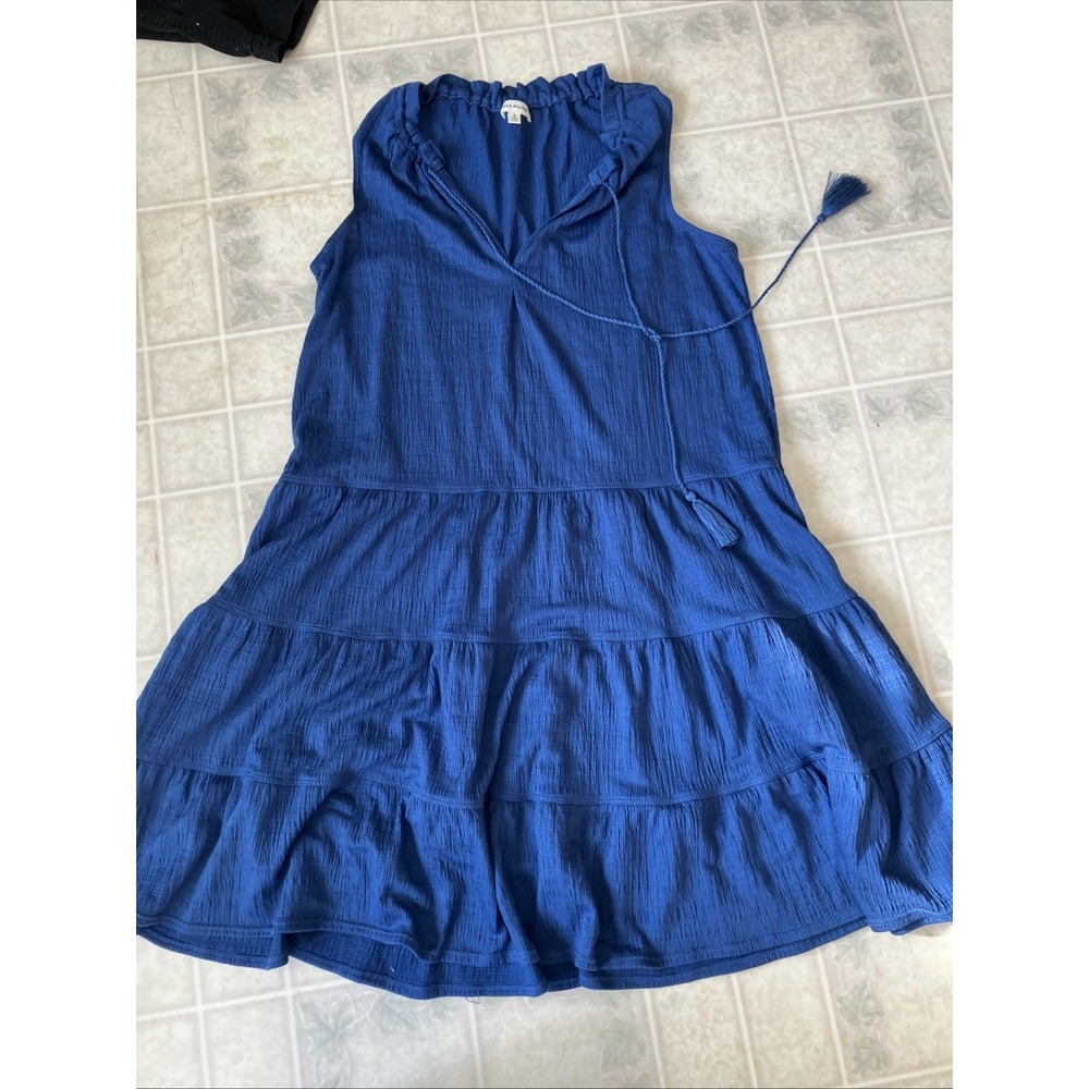 Max Studio Sleeveless Fit & Flare Mini Dress Tiered split Neck Blue Small